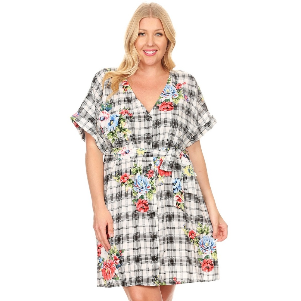 *CLEARANCE* Plus Size Floral Plaid Short Dress